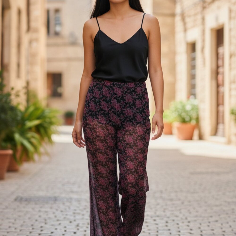 Pins & Needles Black & Pink Floral Wide Leg Pants L